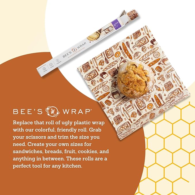 Bee's Wrap Beeswax Wraps for Food - Cut to Size 14x52" Wax Paper Roll - Made in USA Reusable Waxed Paper & Bowl Covers - Organic & Eco-Friendly Alternative to Aluminum Foil & Plastic Wrap, Bakery Lane