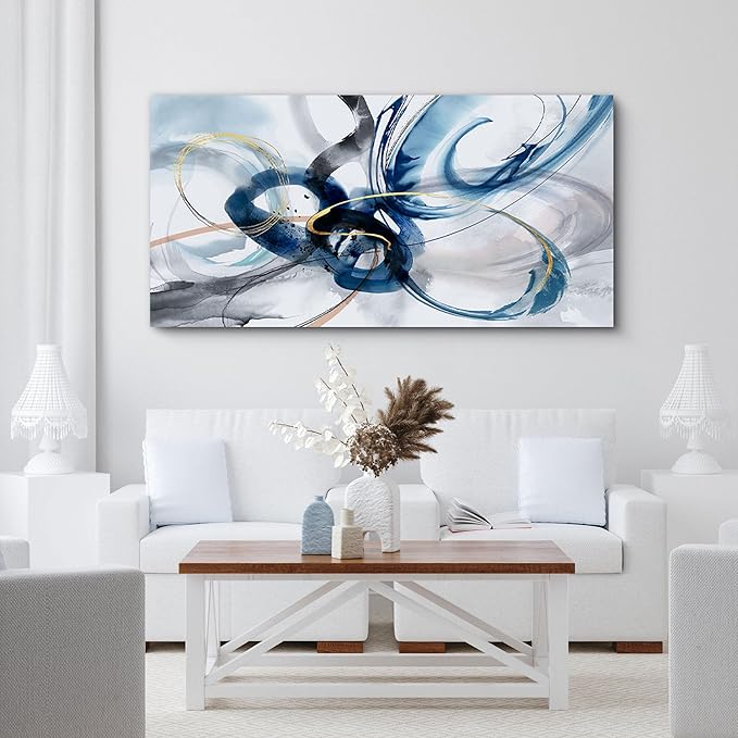 yiijeah Abstract Wall Art - Blue and White Pictures Wall Decor Living Room Canvas Artwork 40x20 Inches Modern Home Decor Bedroom Aesthetic
