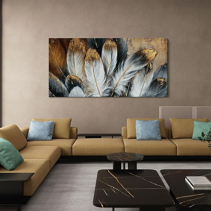 Feather Canvas Wall Art Modern Living Room Bedroom Wall Decoration Large Giclee Print Canvas Painting Artwork for Home Decor One Piece White Gold Brown Feather Picture Ready to Hang 58x29 Size