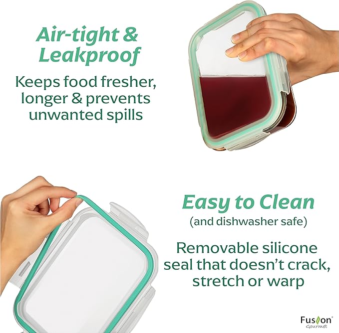 Fusion Gourmet 8 Pack 35 oz Glass Storage Containers with Lids - Airtight, Leakproof, Oven, Microwave & Freezer Safe, Stain & Odor Resistant, Reusable Meal Prep Containers (16-Piece)