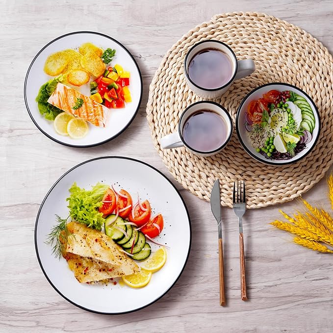 Homlouue 16 Pieces Stoneware Dinnerware Set, Speckled Ceramic Plates and Bowls Mugs Sets Service for 4, Ceramic Dishes Set, Microwave and Dishwasher Safe(White with Black Rim)