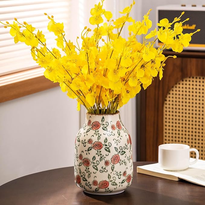 Green and Beige Vintage Round Vase, Red Rose Chinoiserie Floral Vase, Farmhouse Antique Decorative Ceramic Flower Vases for Bouquet, Home Decor, Living Room, Bookshelf, Office, Tuscan Decor 7.8 Inch