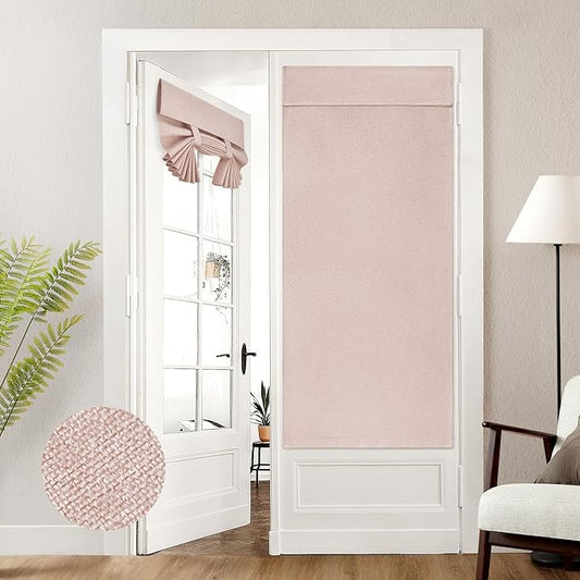 HOMEIDEAS 100% Blush Pink Linen Blackout French Door Curtains, Privacy Door Window Curtains, 30 X 68 Inch Room Darkening Blinds, Thermal Insulated Shades for Bedroom, 1 Panel