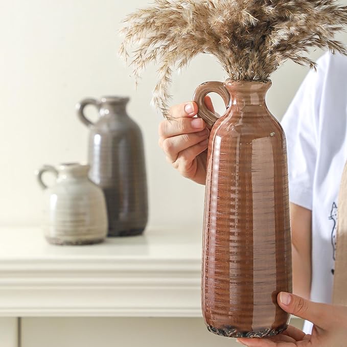 Ceramic Vases Set of 3, Neutral Rustic Farmhouse Vase with Handle, Decorative Flower Vases Home Decor Modern Boho Pampass Vase for Table Mantel Entryway Shelf Living Room Kitchen Bathroom - Brown