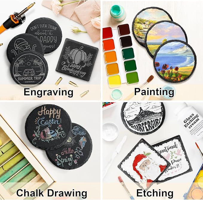 48 PCS Round Slate Drinks Coasters Bulk for Laser Engraving, MAPRIAL 4 Inch Handmade Black Rustic Stone Coaster Laser Blanks with Anti-Scratch Backing for Engraver, Wedding, Gifts, Home Decor, Bar