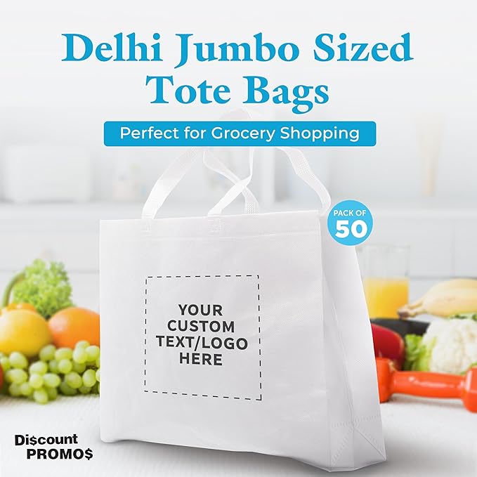 DISCOUNT PROMOS Custom Jumbo Sized Tote Bags Set of 50, Personalized Bulk Pack - Reusable Grocery Bags, Shopping Bags, Promotional Item Totes for Women - White
