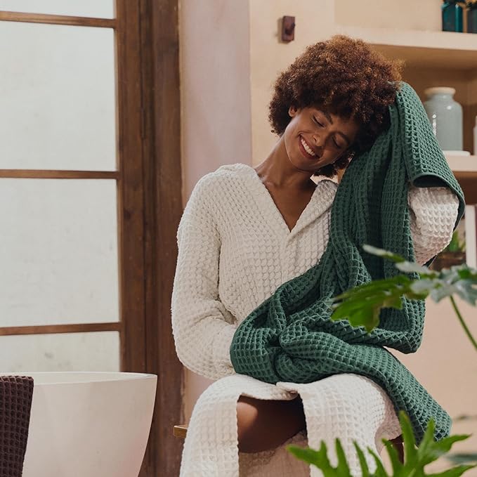 Luxury Japanese Cotton Waffle Bath Towel | Plush, Absorbent, and Quick Dry | Free Storage Bag Included (Forest Green, Bath Towel Set (3-Piece))