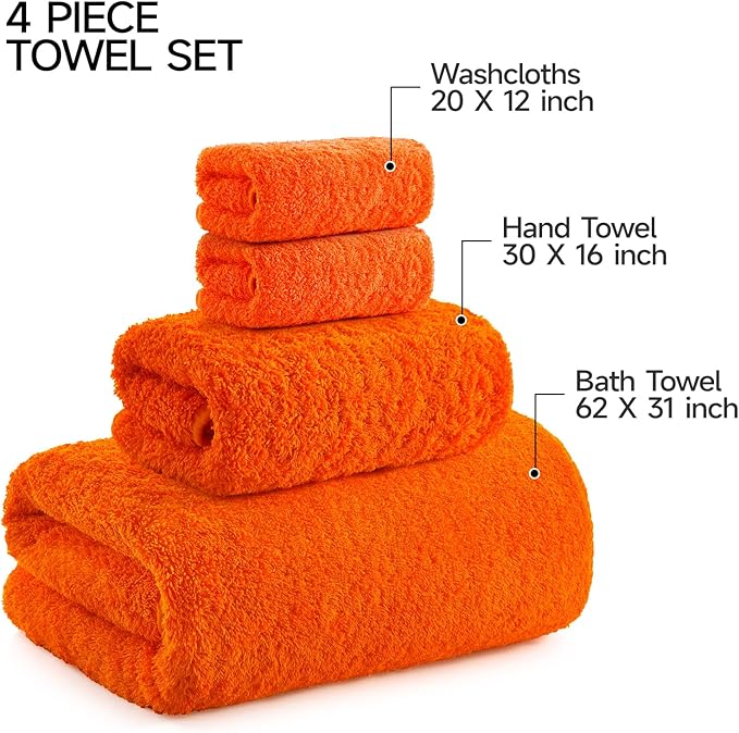 REDKISS Luxury Bath Towel Set of 4, 100% Cotton 900 GSM Premium Bathroom Towels, Ultra Soft, Highly Absorbent & Quick Dry Bath Sheets, No Shedding, Hotel & Home Spa Towel Sets for Adults - Orange
