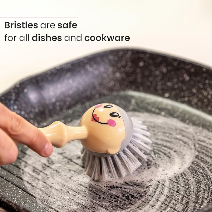 Vigar Dolls Dish Brush with Ergonomic Handle and Dress-Shaped Brush Holder, Dish Brush with Handle for Kitchen Dishes and Sink Cleaning, Pink, Gray