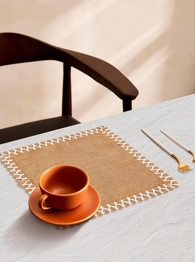 Hausattire Jute Burlap Placemat 13x19 Inches - Natural, Lace Design Edges Table Mats for Bar Table Indoor Outdoor Rustic Thanksgiving Farmhouse Kitchen Coffee Dinner Table Decor Mats - Set of 4