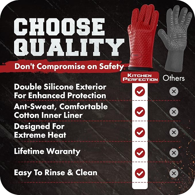 KITCHEN PERFECTION Silicone Smoker Oven Gloves - Extreme Heat Resistant BBQ Gloves - Handle Hot Food Right on Your Smoker Grill Fryer Pit | Waterproof Oven Mitts | Superior Value Set + 3 Bonuses