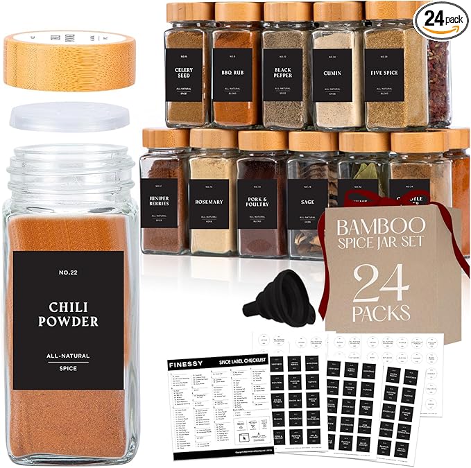 Bamboo Glass Spice Jars with Label and Shaker Lids Clear Empty 4oz 24 Pack Bottles Set, Square Glass Spice Containers with Labels Black, Seasoning Organizer Jars, Seasoning Containers with Labels Set