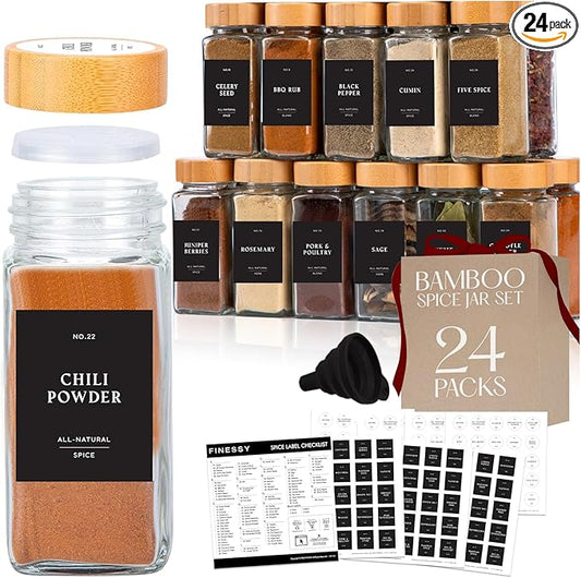 Bamboo Glass Spice Jars with Label and Shaker Lids Clear Empty 4oz 24 Pack Bottles Set, Square Glass Spice Containers with Labels Black, Seasoning Organizer Jars, Seasoning Containers with Labels Set