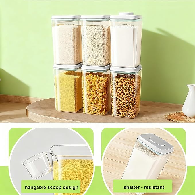 Airtight Food Storage Container with Pop Lid & 130ml Scoop, 4L/4.2qt *4 BPA-Free Cereal, Rice, Flour, Pasta & Snack Container, Stackable & Durable,Kitchen Pantry Organizer