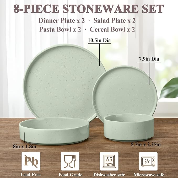 Herogo 8 Piece Plates and Bowls Set, Kitchen Dinnerware Sets with Pasta Bowls, Dinner Ware Dishes Service for 2, Chip & Scratch Resistant Porcelain Kitchen Dishware, Speckled Light Green