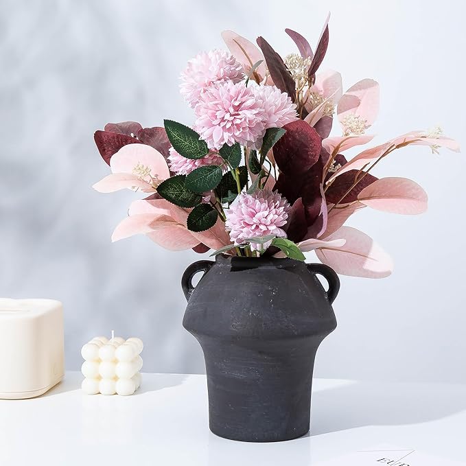 Terracotta Vases, 7 Inch Ceramic Rustic Vase, Vases with Handle for Flower, Vintage Pottery Vases Home Decor, Christmas Decorative Farmhouse Vase for Shelf Decor, Farmhouse, Table, Lyeec