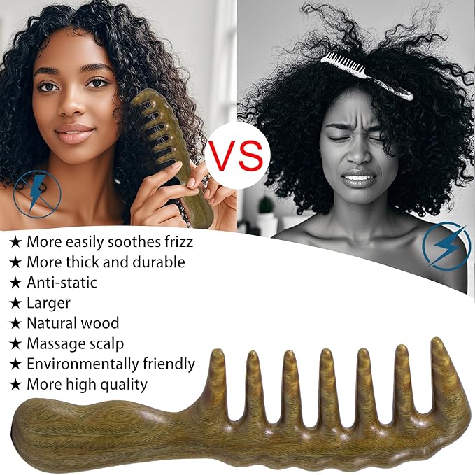 Thicken Wooden Wide Tooth Comb, Large Natural Sandalwood Hair Combs for Curls, Women and Men, Detangles Long Thick Wet or Dry Hair, Head Scalp Massager, Anti-static (Green Sandalwood)