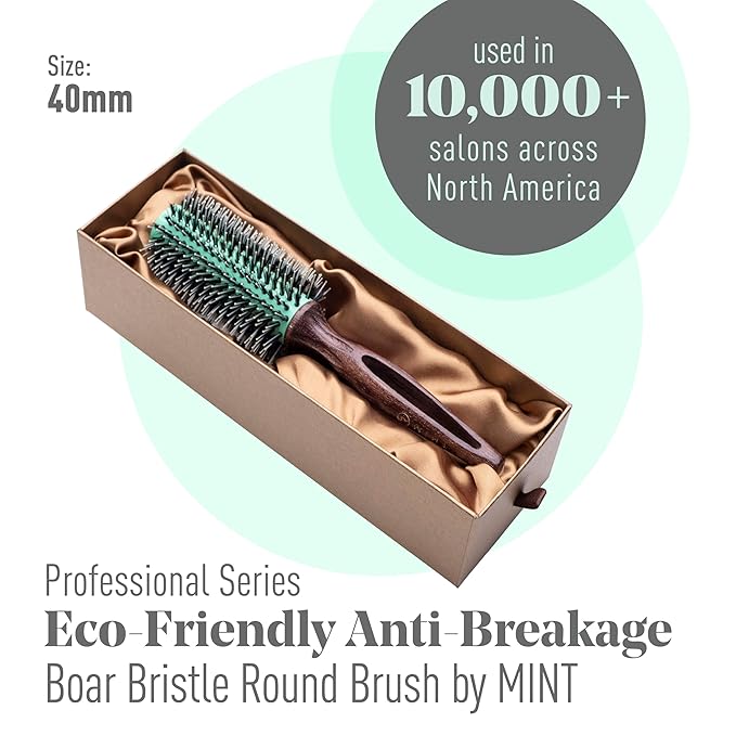 MINT Eco-Friendly Boar Bristle Round Brush for Blow Drying | Durable Blowout Styling for All Hair Types | Ceramic Round Brush with Hand-Crafted Wooden Handle (40 mm)