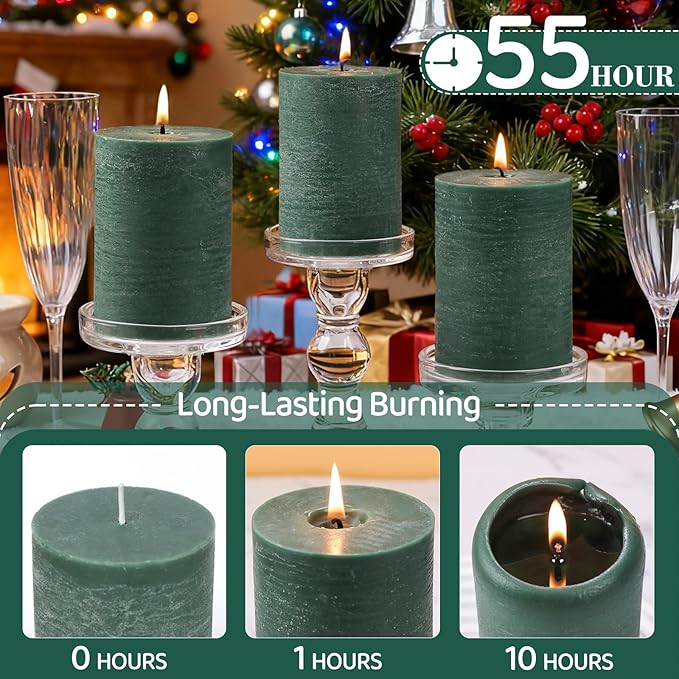 6 Pack Soy Green Pillar Candles,Natural Soybean Pillar Candles,55 H Long Burning,Unscented,Dripless and Smokeless Green Hand-poured Candles Dinner Table for Christmas,Wedding,Rustic Home Decor 2.8x4in