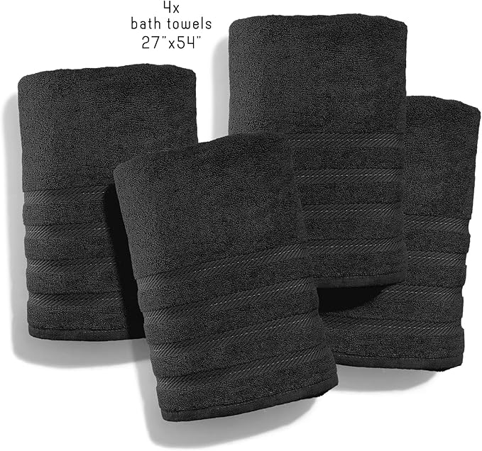 Hearth & Harbor Bath Towels for Bathroom - 100% Ring Spun Cotton Luxury Bathroom Towels - Soft & Highly Absorbent 4 Bath Towels, Black