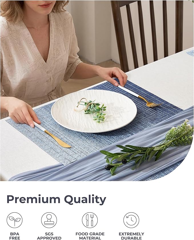 Leetaltree Gradient Blue Woven Placemats Set of 4 - Heat Resistant Non-Slip Place mats for Dining Table, Washable Durable PVC Vinyl Woven Table Mats(Gradient Blue, 4)