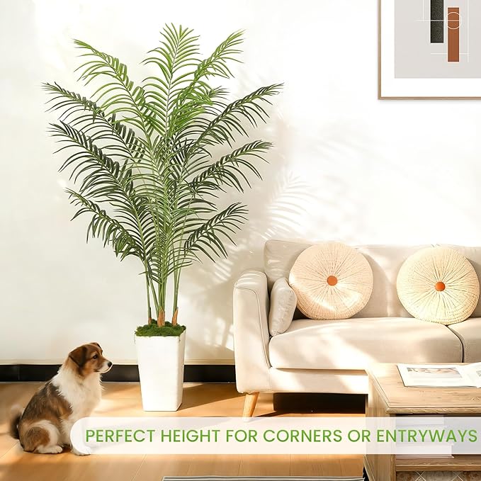 6FT Artificial Palm Tree, Tall Fake Tropical Areca Plant with White Square Planter for Indoor Outdoor Home Decor, Realistic Faux Palm Tree for Living Room, Office, Porch, Garden