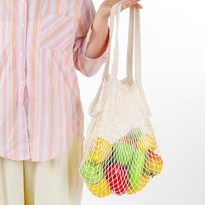2 Pack Reusable Mesh Grocery Bags, String Bags Cotton Net Tote Produce Bag Washable Long Handle Farmers Market Bag Portable Fruit and Vegetable Bags, Beige