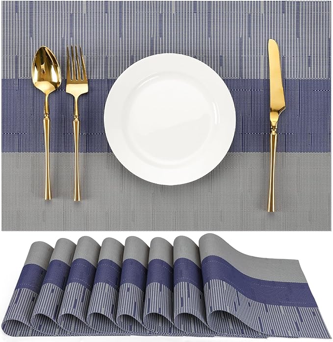 Placemats Set of 8, Vinyl Woven Place Mats Indoor Set of 8 Washable Wipeable PVC Table Mats Heat-Resistant Non Slip Plastic Placemat for Kitchen Dining Outdoor Table (Blue Gray, Set of 8)