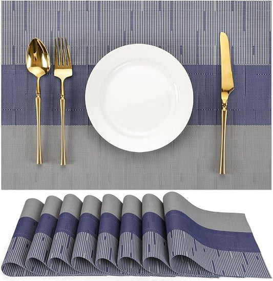 Placemats Set of 8, Vinyl Woven Place Mats Indoor Set of 8 Washable Wipeable PVC Table Mats Heat-Resistant Non Slip Plastic Placemat for Kitchen Dining Outdoor Table (Blue Gray, Set of 8)