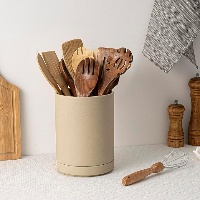 Utensil Holder, 7.3"+5.4" Ceramic 2-in-1 Utensil Holder Set for Countertop, Cooking Utensil Crocks for Kitchen Counter, Organizer for Spatulas & Spoons, Set of 2, Pottery Clay