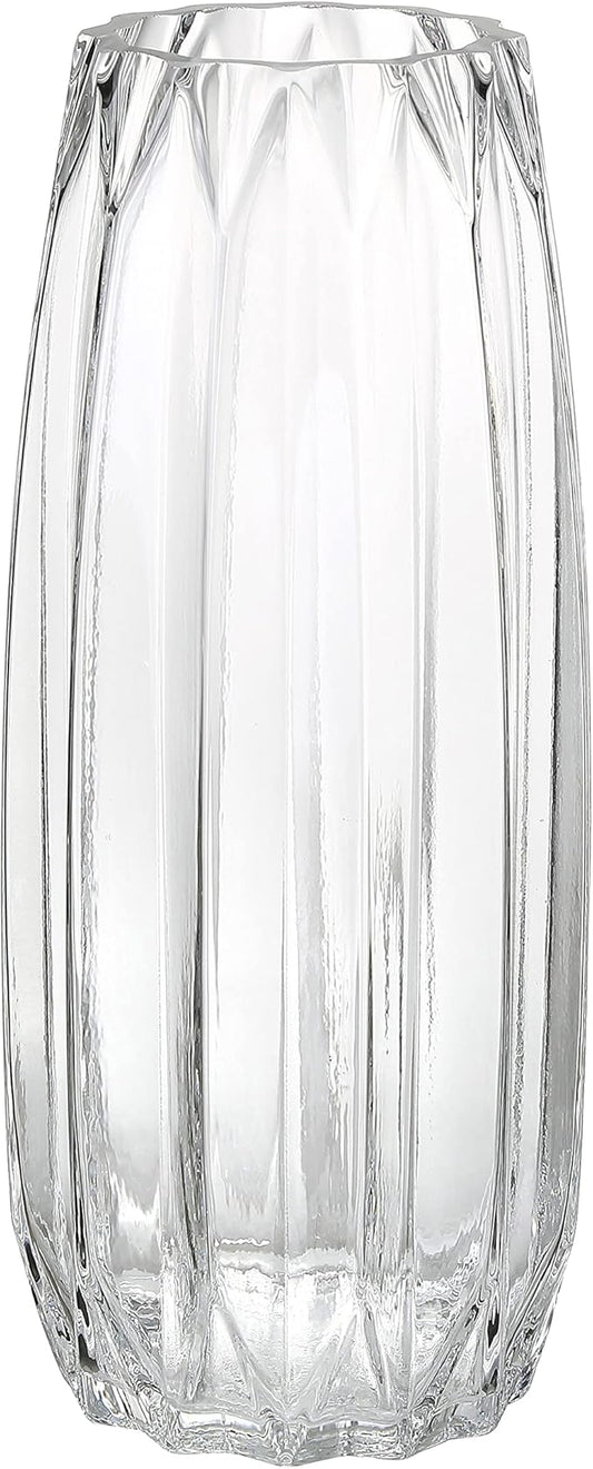 Modern Ribbed Glass Vase for Flowers, Candles and Decorative Accents - Black, Grey, Amber, Clear and Colored Tall/Short Vase for Centerpieces and Home Table Decor (Clear, H-11.8inch)