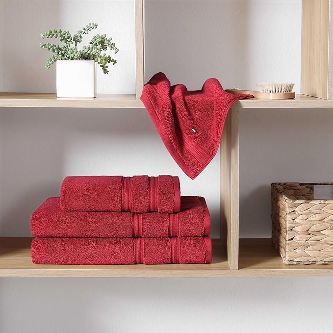 Tommy Hilfiger - Bath Towels, 100% Soft & Absorbent Plush Cotton with Zero Twist Constructions, Quick Dry and Medium Weight Bathroom Towels (Harborside Solid Red, 6 Piece)