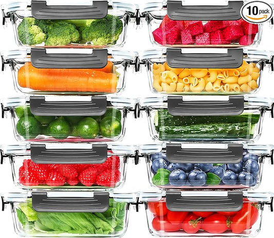 Skroam 10 Pack Glass Meal Prep Containers, 22 OZ Glass Airtight Food Storage Containers with Lids, Pantry Kitchen Storage Containers for Lunch, Food Storage, Meal Prep, Lunch Bento Boxes