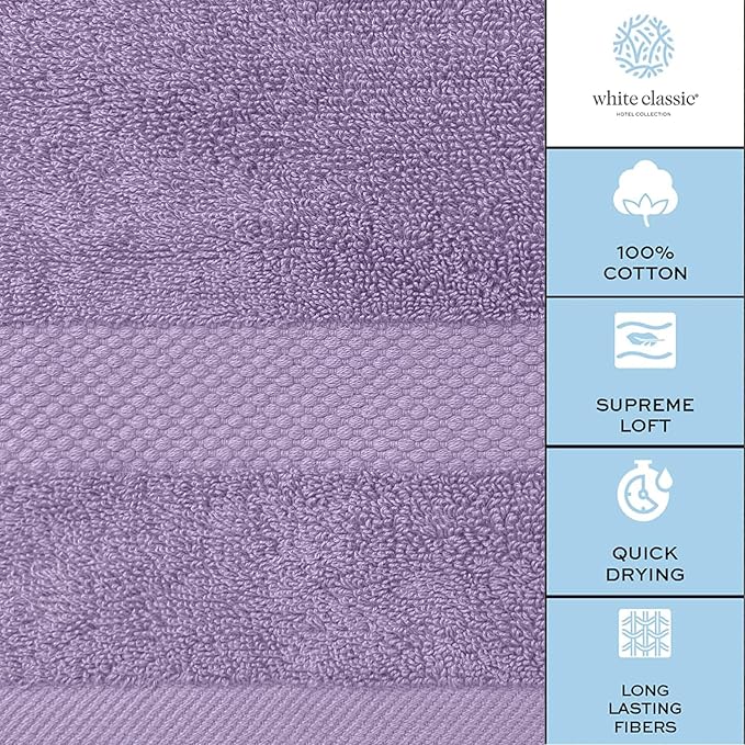 White Classic Luxury Lavender Hand Towels - Soft 100% Turkish Cotton | Highly Absorbent Hotel spa Bathroom Towel Collection | 16x30 Inch | Set of 6