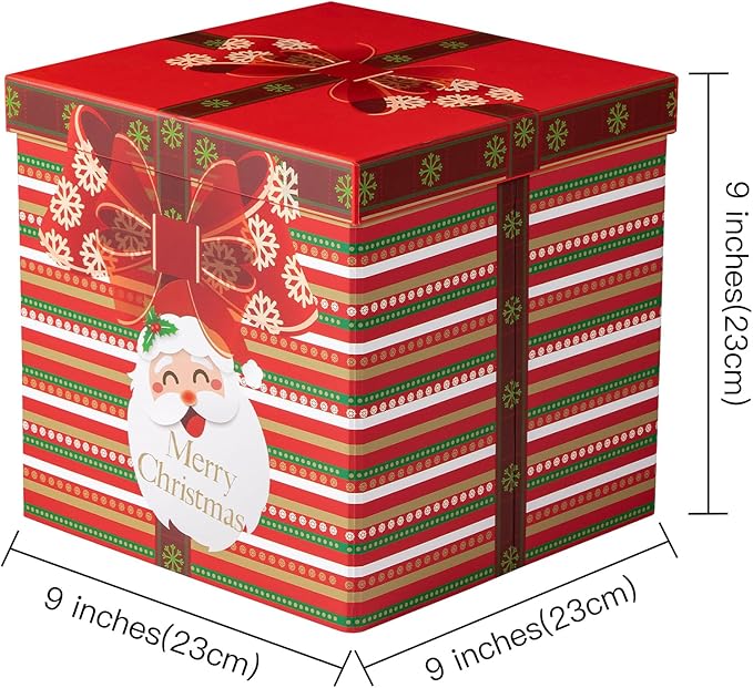 RUSPEPA Christmas Gift Box with Lid, Santa Claus and Red Bow Design, Medium Collapsible Gift Box with Ribbon and Tissue Paper for Holiday Party, Gift Wrapping, Candy Storage, 9x9x9 Inches, 1 Pcs