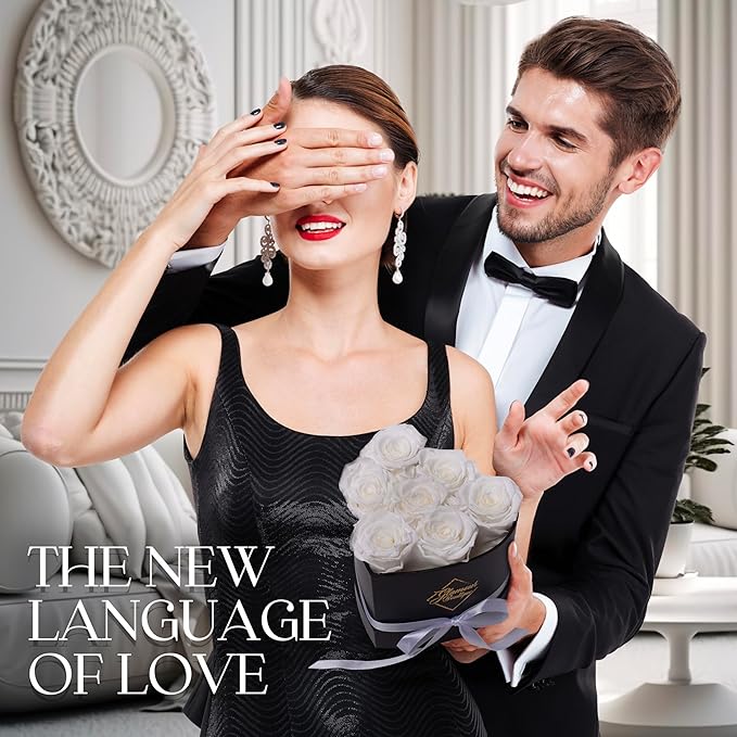 GLAMOUR BOUTIQUE 7 Flower Forever Heart Shape Box - Preserved Roses Gift for Her, Preserved Flowers, White