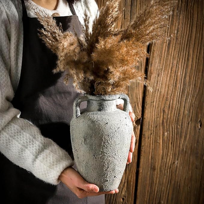 Rustic Vase for Flowers, Ceramic Christmas Terracotta Vase with Handles, 8.85 inch Tall Vintage Farmhouse Flower Vase for Home Decor, Wide Mouth, Living Room Shelf Decor, Enterway, Table