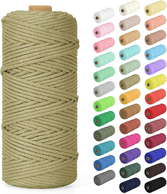 Macrame Cord 3mm x 109Yards (328Feet), Natural Cotton Macrame Rope - 4 Strands Twisted Macrame Cotton Cord for Wall Hanging, Plant Hangers, Crafts, Gift Wrapping and Wedding Decorations, Khaki