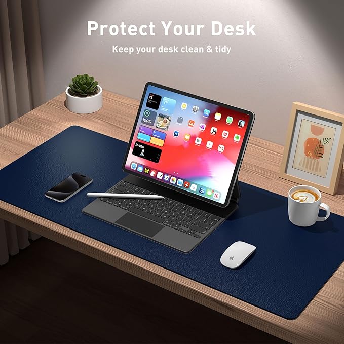 Aothia Leather Desk Pad Protector, Mouse Pad,Office Desk Mat, Non-Slip PU Leather Desk Blotter, Laptop Desk Pad, Waterproof Desk Writing Pad for Office and Home (Dark Blue,36" x 17")