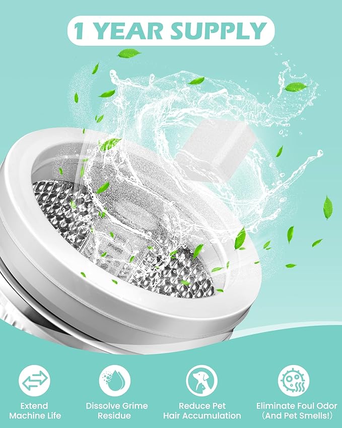 Washing Machine Cleaner Tablets: 40% Stronger Cleaning Power, Deep Cleaning Tablets For HE, Front Loader & Top Load Washer, Removes Pet Hair, Odors, Formulated for Pet Owners, 24 Pack, 15G