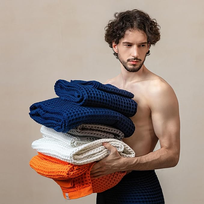 Luxury Japanese Cotton Waffle Bath Towel | Plush, Absorbent, and Quick Dry | Free Storage Bag Included (Shell White, Complete Set (4-Piece))