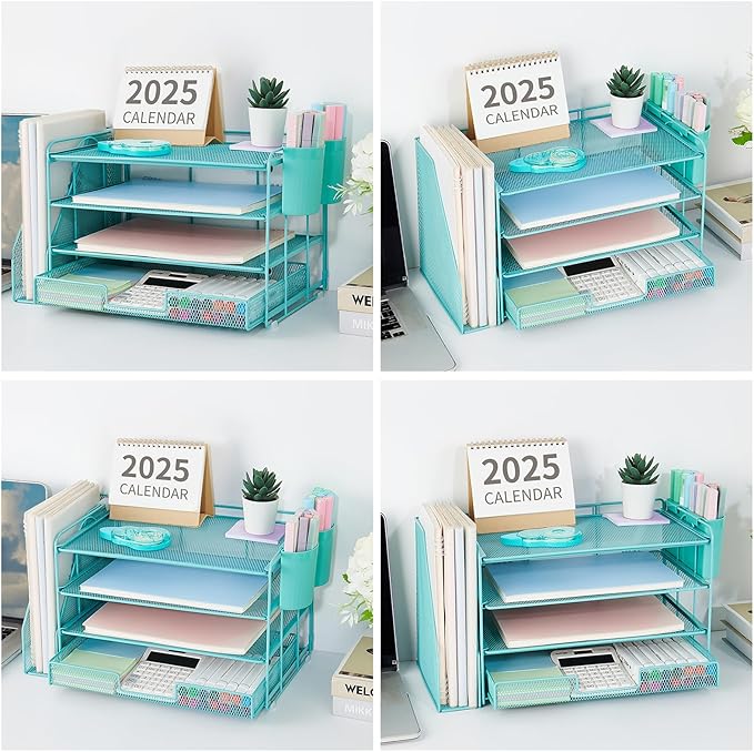 OPNICE Desk Organizer and Accessories, 4-Tier Desktop File Organizer with Drawer and 2 Pen Holders, Office Desk Accessories, File Sorters, Workspace Organizers for Office Supplies(Teal Blue)