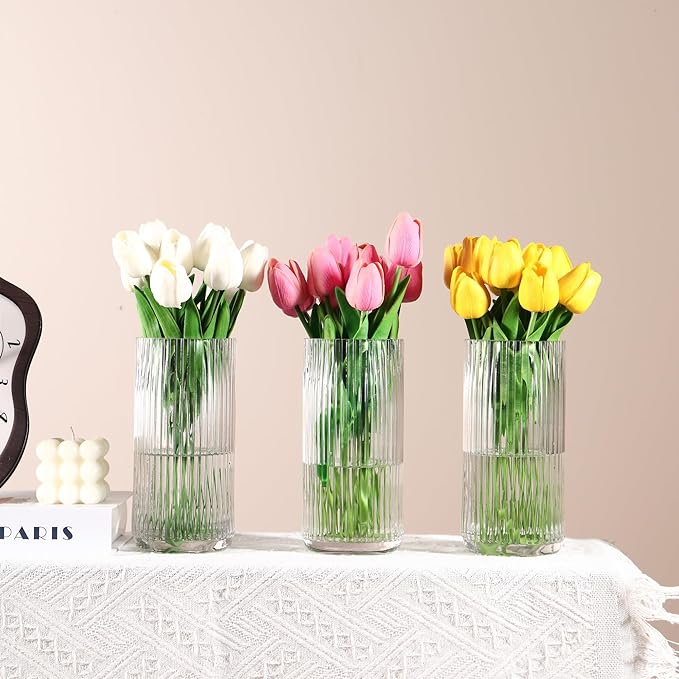 Clear Glass Vases, Flower Vases Set of 3, Ribbed Glass Vase for Tulips, Tall Cylinder Glass Vases for Living Room, Bedroom, Dining Table, Office, Wedding, Bookshelf Decoration, 8 Inches