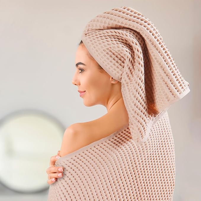 PÜSKÜL Premium Waffle Bath Towels Set of 2 - Organic 100% Turkish Cotton Bath Towel - Quick Dry, Absorbent, Light, Thin, 32x63 Large Waffle Towels for Bathroom (Beige Bath Towels - Pack of 2)