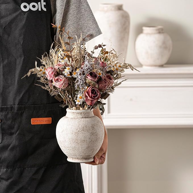 Ceramic Rustic Vase, 6 Inch Small Flower Farmhouse Vase Decorative Vase Short Pottery Vases for Home Decor Table Living Room Entryway Mantel Bookshelf Bedroom Bathroom Kitchen - Rustic White