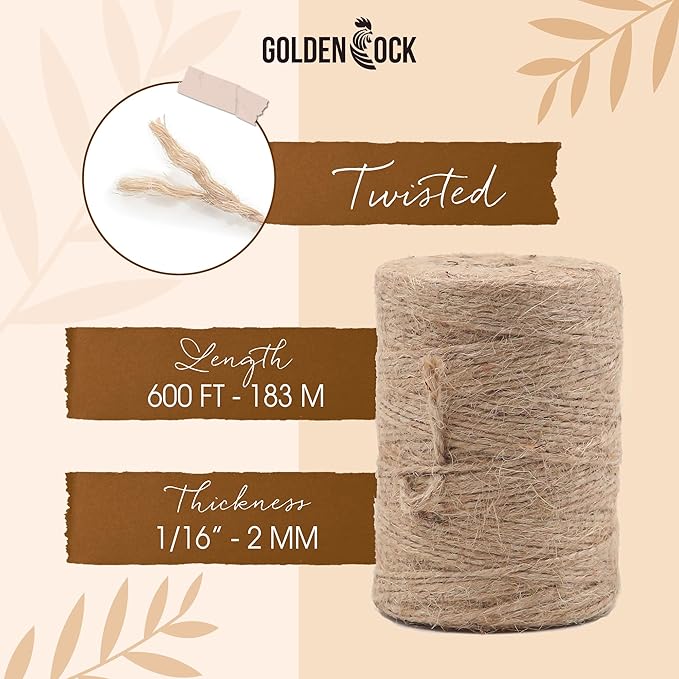 2mm - 600FT Natural Jute Twine Rope String - for Crafts Gardening Plant Accessories Gift Wrapping, Arts Packing Material Christmas Twine Bulk Wedding Decor