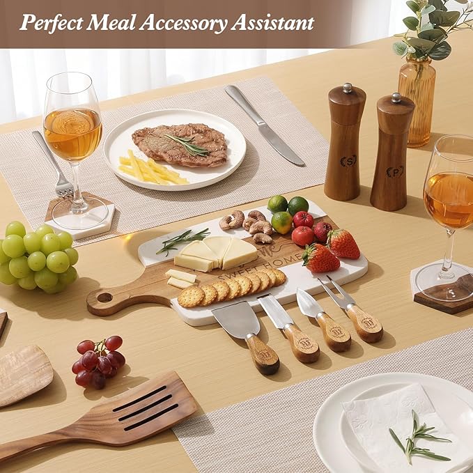 Luxury Kitchen Gift Set for Housewarming – Marble Cheese Board, Acacia Wooden Grinders, Cheese Knives & Utensils, Coaster Set – Elegant Charcuterie & Cooking Gift Box for Women, Couples, New Home