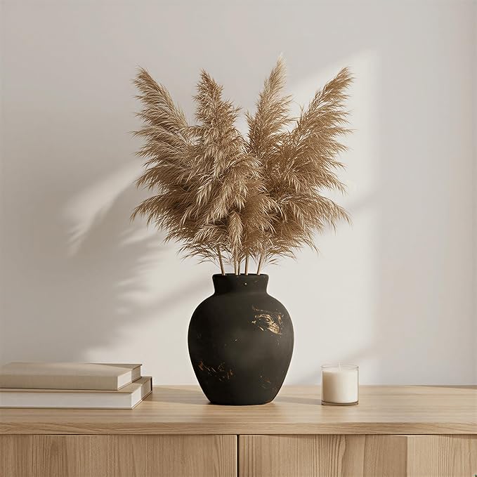 Ceramic Flower Vase, 6-Inch Black Pottery Rustic Farmhouse Boho Vase, Handcrafted Decorative Vase for Home Decor, Centerpieces, Table, Living Room, Mantel, Shelf