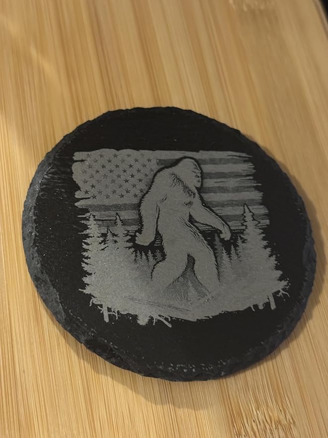 Slate Coasters with Bigfoot American Flag Wilderness Design, Round Stone Coaster Set, 4 Pack