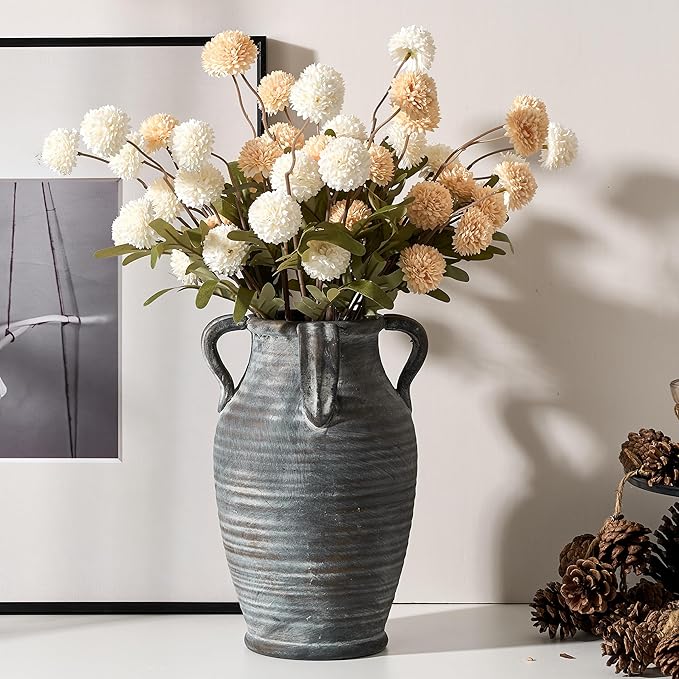 Handmade Ceramic Vase with 4 Handles, 10.83" Tall Farmhouse Rustic Terracotta Flower Vase, Vintage Vases for Home Decor, Wedding, Living Room, Table, Shelf Decor, Black Bronze